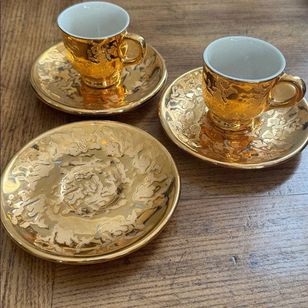 22k Gold Espresso Cup and Saucer over bone china - Set of 3 | Made in USA VTG
